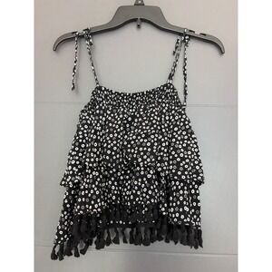 OVS Womens Black White‎ Floral Tiered Tassel Cami crop Top Size S Tie Strap Boho